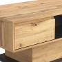 Couchtisch Naturholz-Optik mit Eichenmaserung, Schublade offen. Moderner Wohnzimmertisch mit Stauraum.