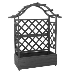 Anthrazit-graues Holz Hochbeet mit Rankgitter und Spalier, 138x110x44cm.