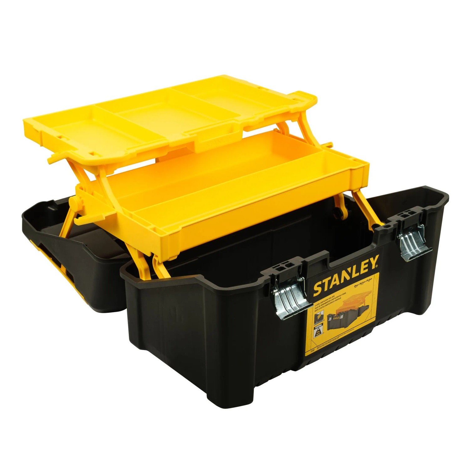 Geöffnete Stanley Werkzeugbox mit 3 Etagen in Schwarz und Gelb.