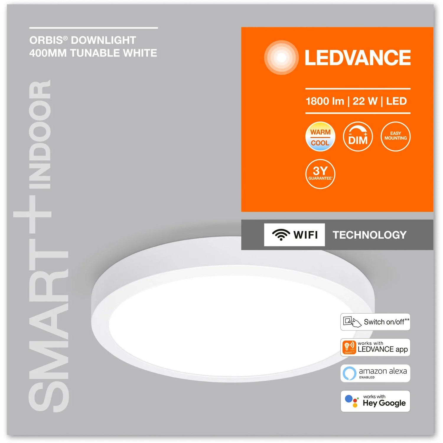 Weiße, runde Ledvance Smart+ WiFi Einbauleuchte Surface Downlight, Ø 40 cm, dimmbar und tunable white.