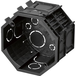 Schwarze Kombi-Schalterdose 1-fach, Ø 60 mm, für Unterputzmontage von Schaltern und Steckdosen.