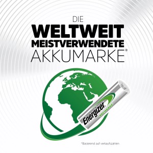 Energizer Akku Extreme AA, 2300 mAh, wiederaufladbar, vor grünem Globus.