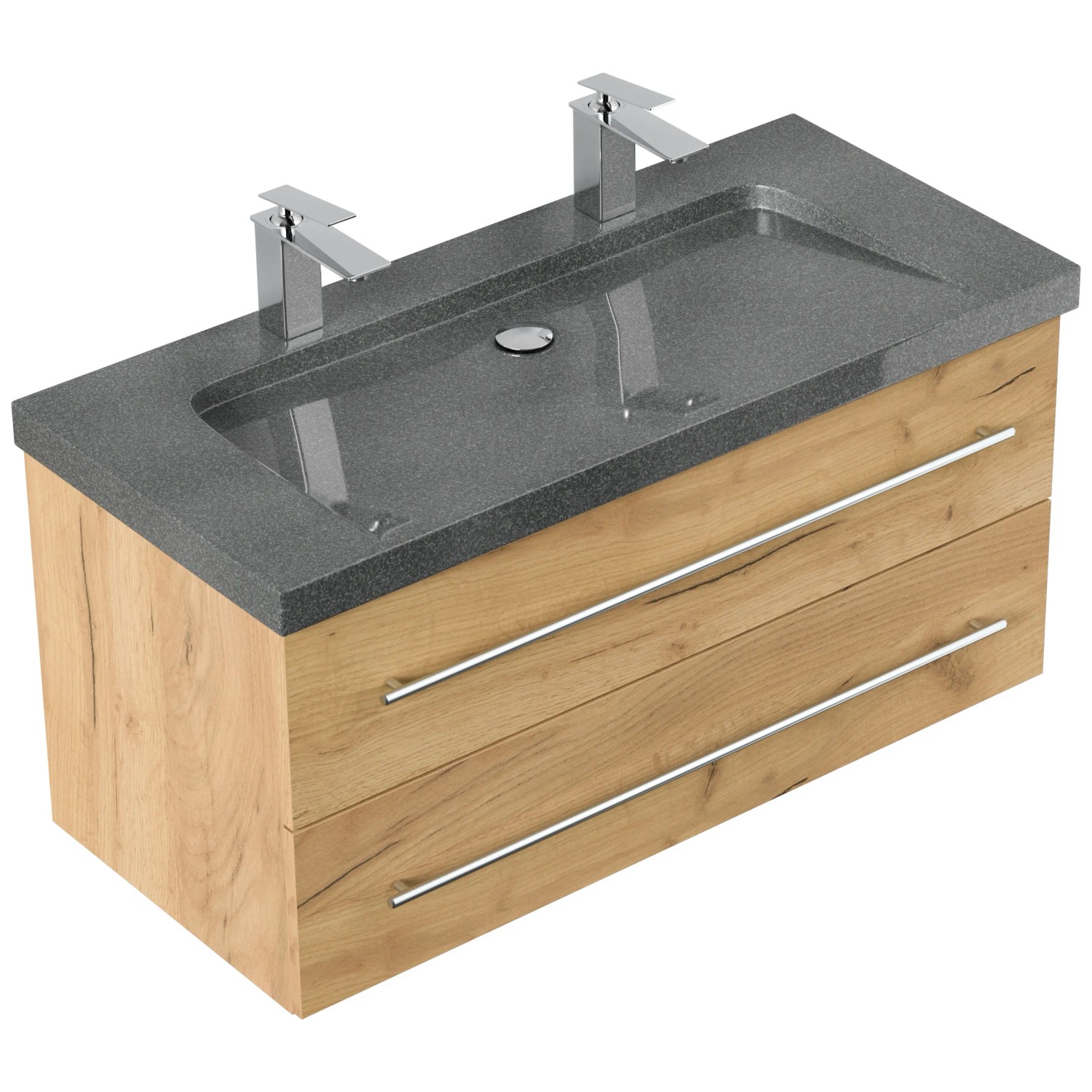 Posseik Badmöbel-Set Yamo, 100 cm, Eiche Gold, mit Granit Waschbecken G654 und zwei Hahnlöchern.