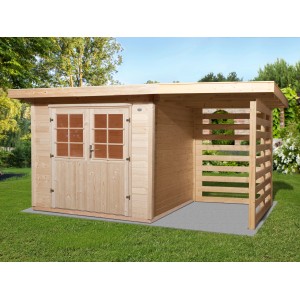 OBI Holz-Gartenhaus La Spezia Natur 385 cm x 209 cm davon 150 cm Anbaudach