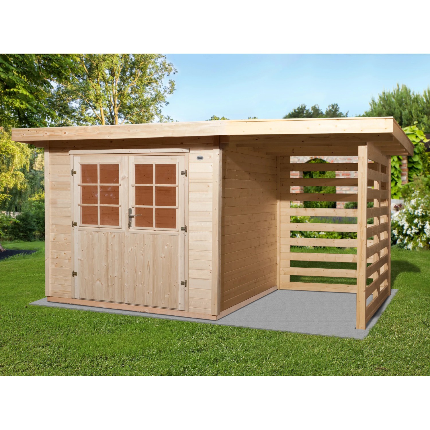 OBI Holz-Gartenhaus La Spezia mit Anbaudach, naturbelassenem Fichtenholz und Doppeltür.