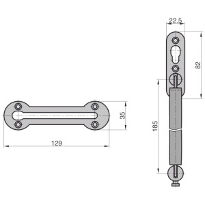 Technische Zeichnung einer Basi Türkette TK 21 mit Maßen für Montage und Abmessungen.