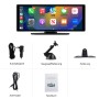 JUNSUN 10 Zoll Portable Autoradio mit CarPlay Display und Zubehör: Ladekabel, Saugnapf, Halterung, AUX-Kabel, Handbuch.