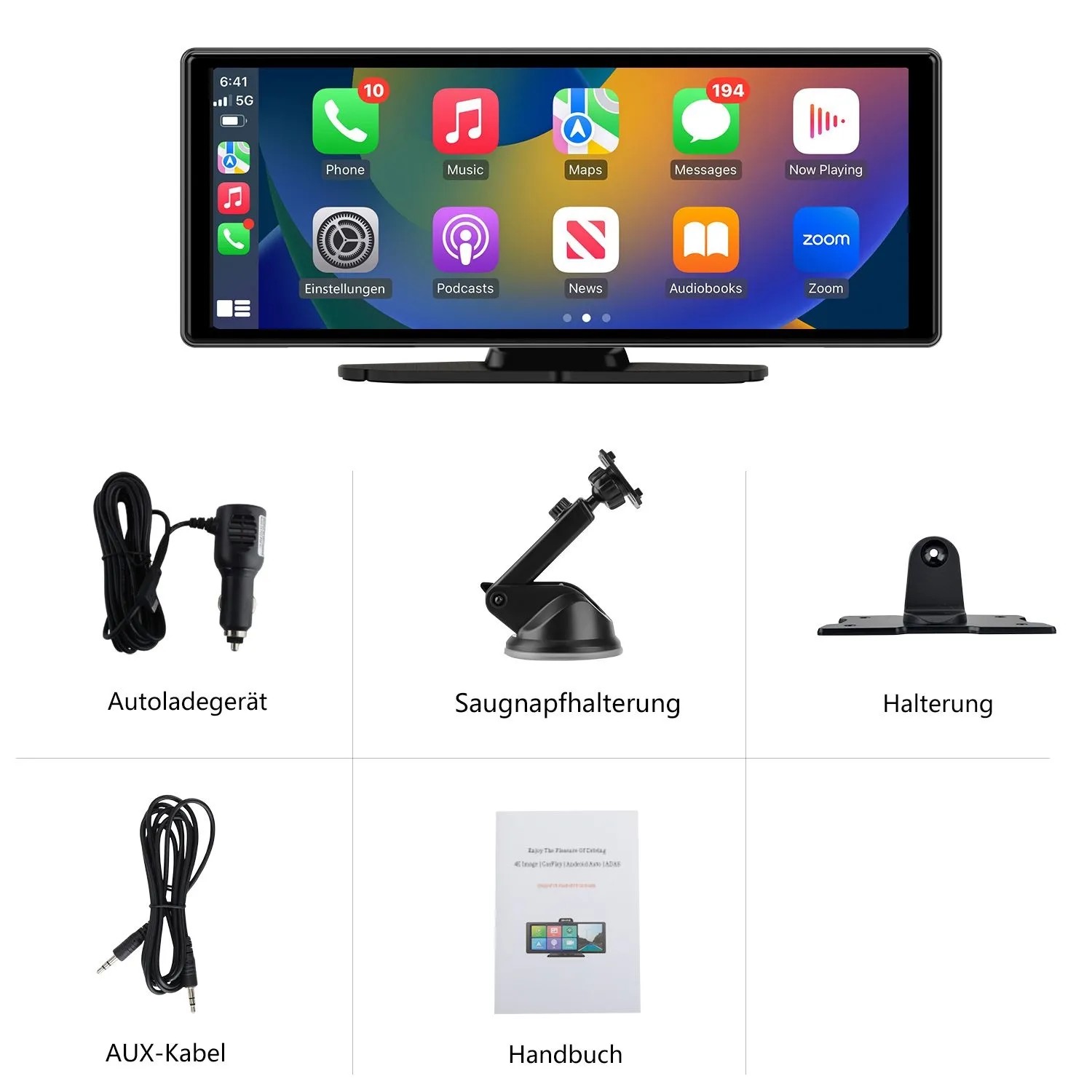 JUNSUN 10 Zoll Portable Autoradio mit CarPlay Display und Zubehör: Ladekabel, Saugnapf, Halterung, AUX-Kabel, Handbuch.