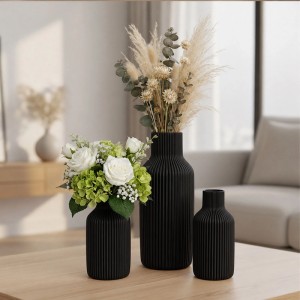 Relaxdays Vasen 3er Set Keramik Schwarz Zylindrisch Gerillt 20 cm x ø 9 cm 18 cm x ø 7,5 cm 14,5 cm x ø 6,5 cm