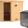 Karibu Sauna Leona mit LED-Dachkranz und Bio-Ofen mit externer Steuerung, Naturholz.