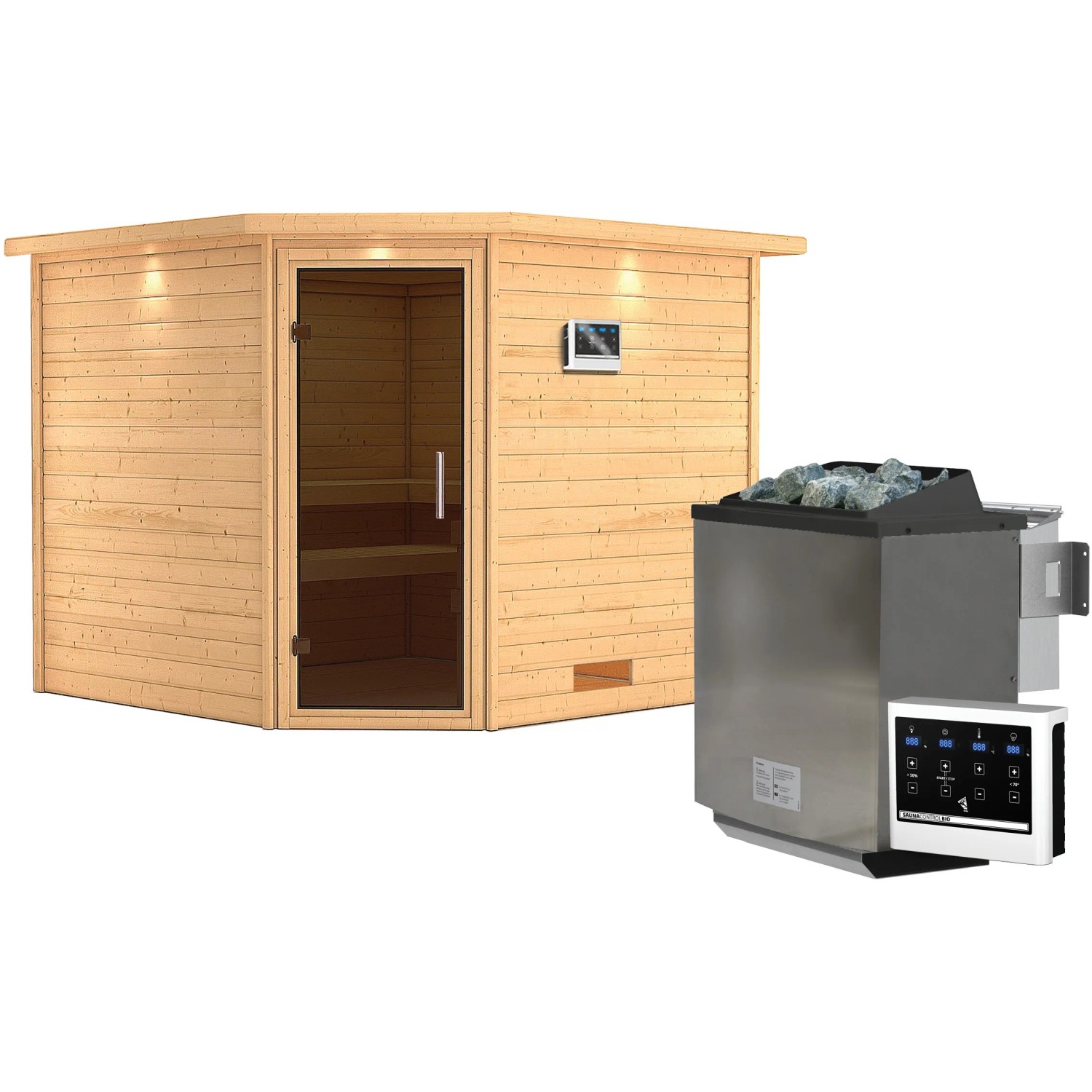 Karibu Sauna Leona mit LED-Dachkranz und Bio-Ofen mit externer Steuerung, Naturholz.