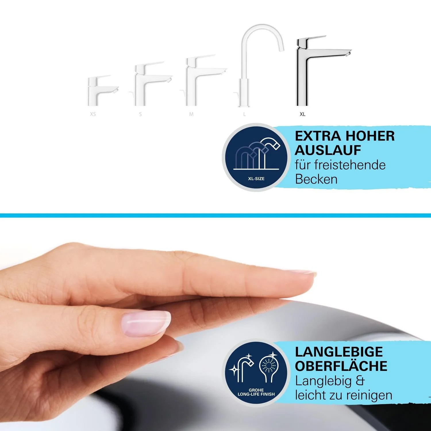 Grohe QuickFix Waschtischarmatur Start XL: Größenvergleich und Details zu Auslauf & Oberfläche.