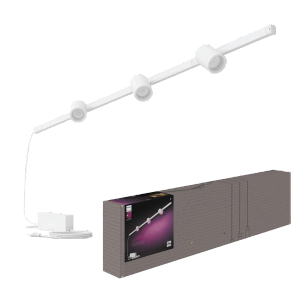 Weiße Philips Hue Perifo LED-Schienenleuchte mit 3 Spots und Verpackung.