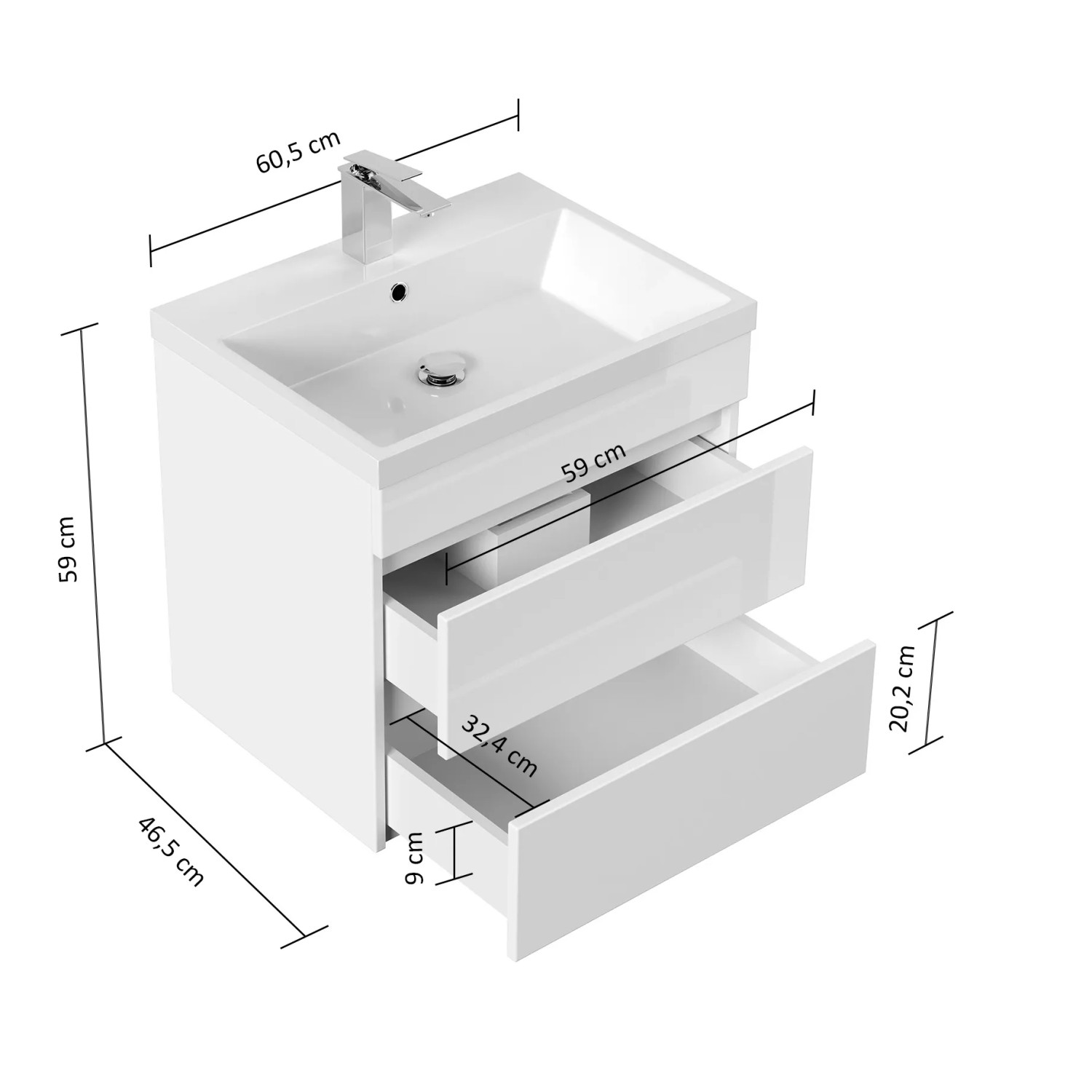 Posseik Badmöbel Fellini 60 in Eiche Gold mit 3 Schubladen und Waschbecken. Badmöbel-Set.