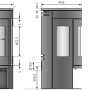 Technische Zeichnung Kaminofen Justus Mino Trios 2.0, Maße und Anschlüsse dargestellt.