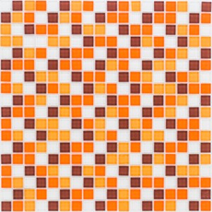 Glasmosaikmatte in Orange, Braun und Weiß, 30x30 cm, kleine quadratische Steine.