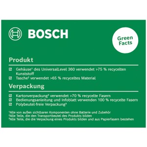 Bosch UniversalLevel 360 Kreuzlinienlaser: Grüne Fakten zu Produkt und Verpackung (Recyclinganteil).