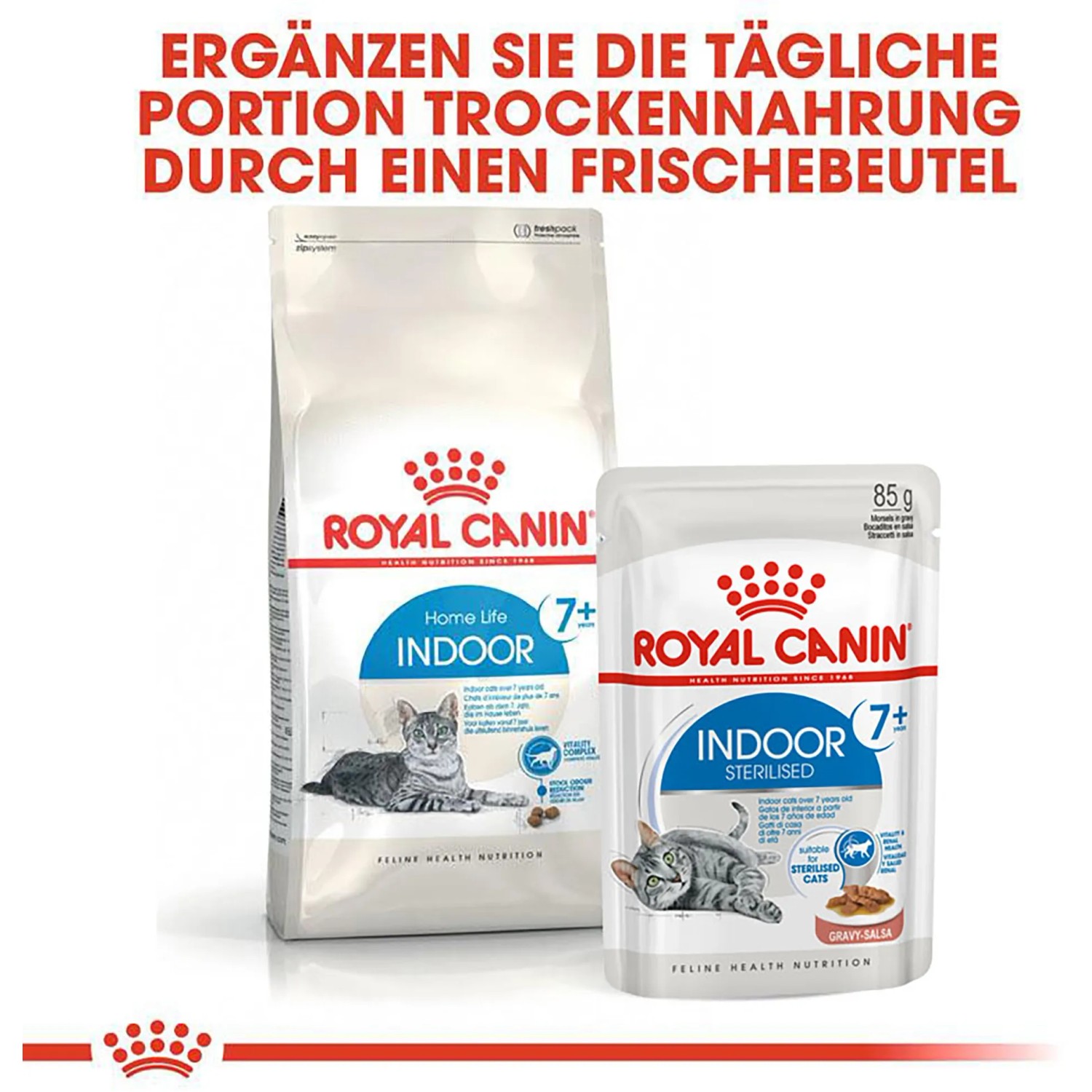 Royal Canin Indoor 7+ Trockenfutter & Frischebeutel für ältere Wohnungskatzen.