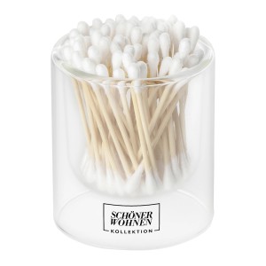 Schöner Wohnen Wattestäbchen im Glasbehälter. Badaccessoire mit Holzstäbchen und Logo.