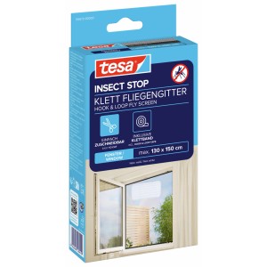 Verpackung des tesa Insect Stop Klett Fliegengitters für Fenster, weiß, max. 130x150cm.