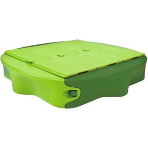 Grüner BIG Sandkasten Sandy mit Hard-Cover, 138x138 cm, mit bespielbarer Abdeckung.