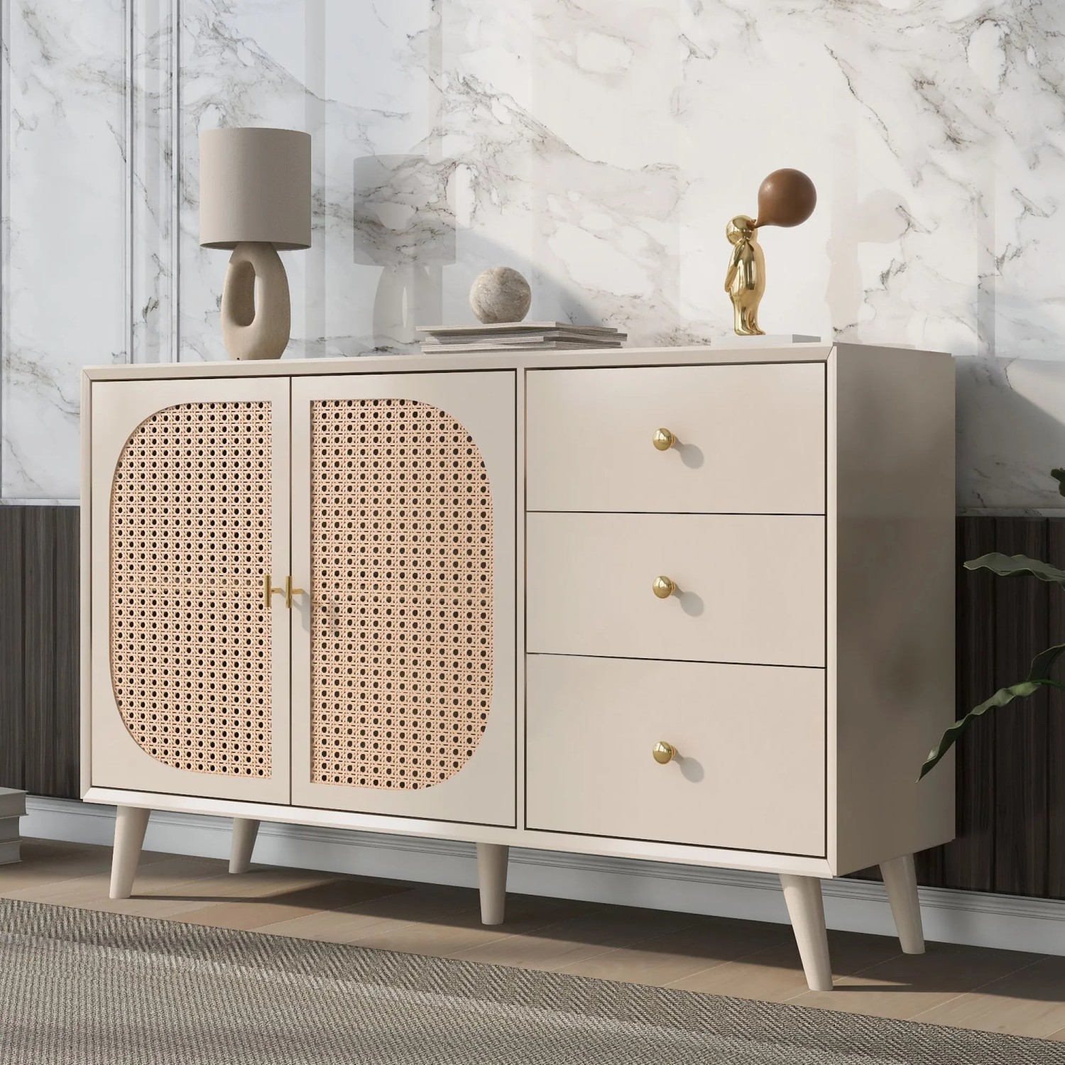okwish Sideboard mit Türen Schubladen Wohnzimmer 120x40x80cm Beige_4