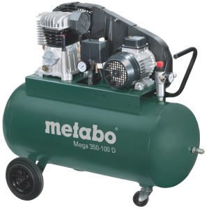 Metabo Kompressor Mega 350-100 D: Leistungsstarker Drehstrom-Kompressor mit 100-Liter-Tank und Rädern.
