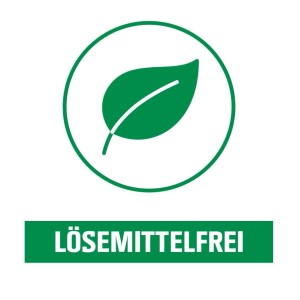 Symbol: Lösemittelfreie OBI Terrassenfarbe mit grünem Blatt im Kreis.