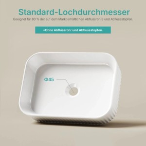Emke Aufsatzwaschbecken, weiß Keramik, 45mm Ablaufloch. Abgerundet-quadratische Form, gerippte Außenseite.
