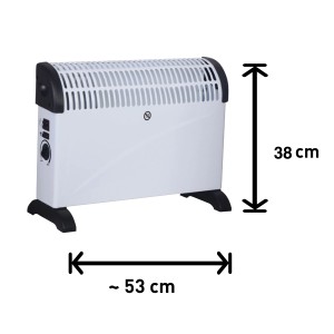 Konvektorheizung Idala 2.000 W, weiße Elektroheizung mit schwarzem Fuß und Thermostat, Maße sind eingezeichnet.