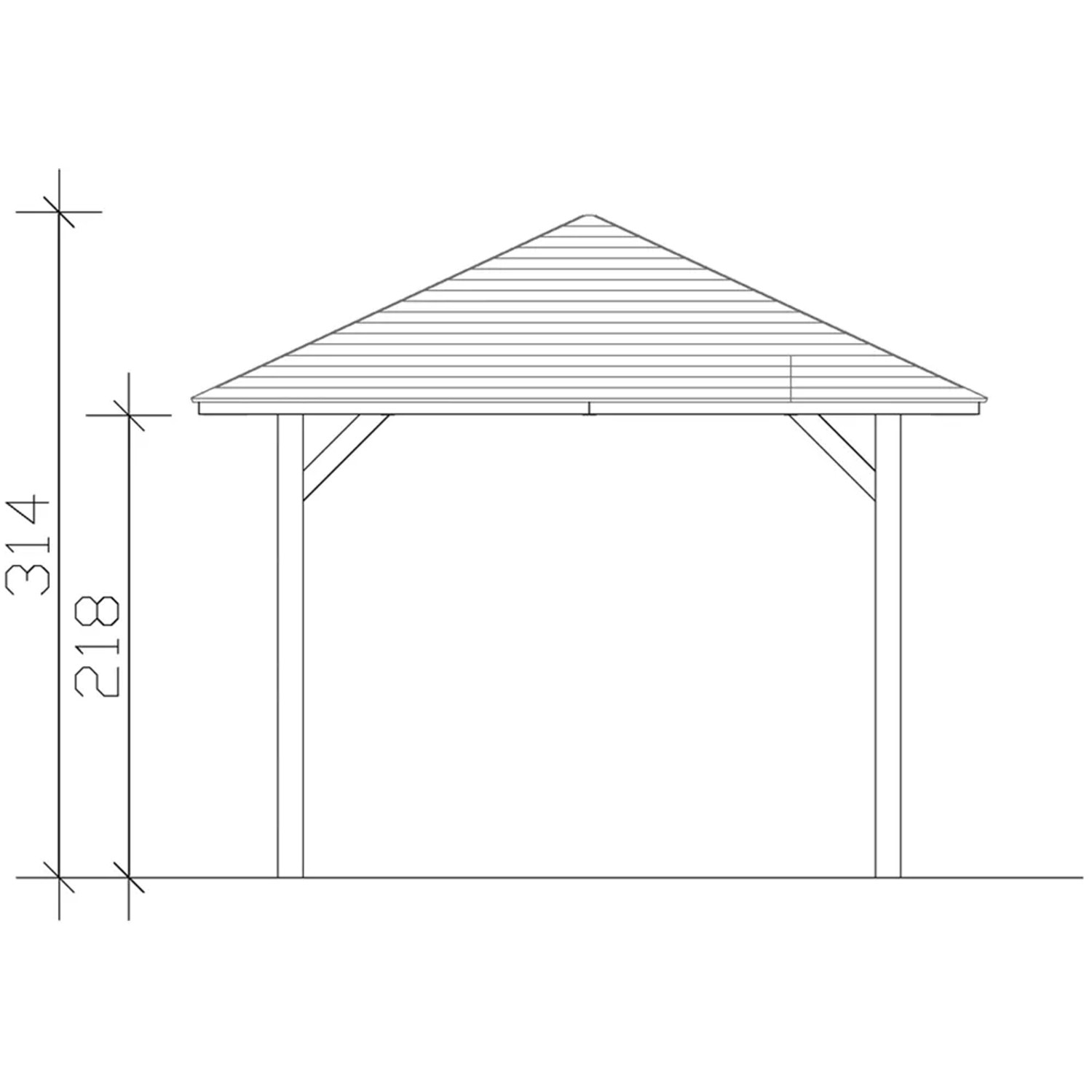 Technische Zeichnung: Skan Holz Pavillon Orleans 1, weiß lasiert, mit Maßangaben.