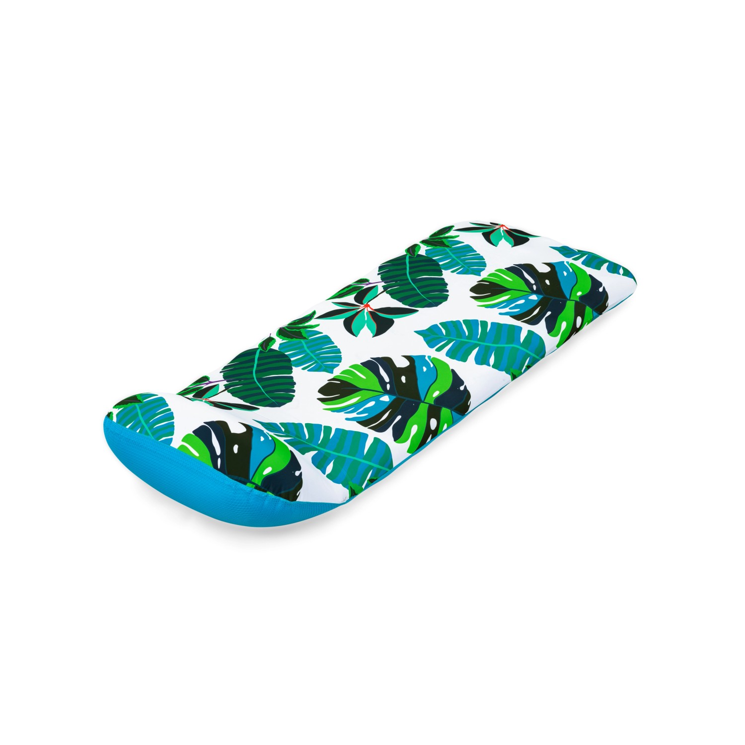 Bestway Luftmatratze Blissfull Drifter mit tropischem Muster, Textilbezug und blauem Rand.