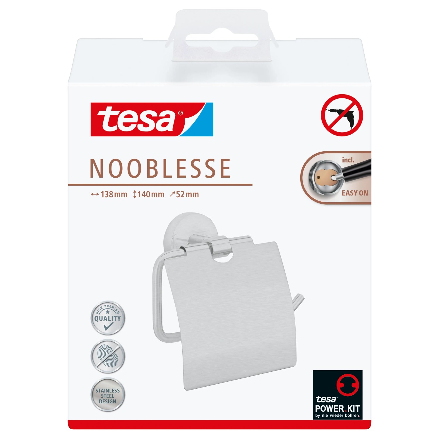 Tesa Nooblesse Toilettenpapierhalter mit Deckel in Edelstahloptik, zur Wandmontage ohne Bohren.