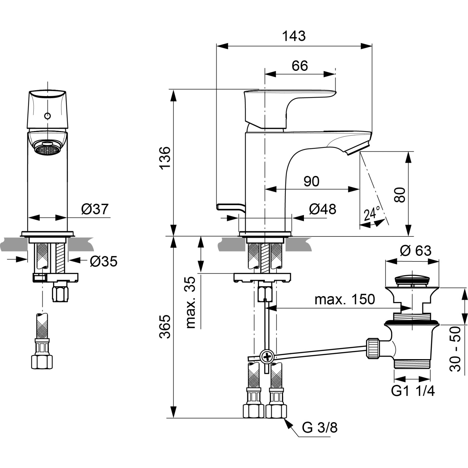 Skizze der Ideal Standard Connect Air Piccolo Waschtischarmatur in Chrom mit Maßangaben.