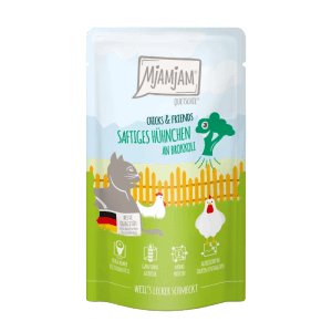 Mjamjam Katzen-Nassfutter Quetschie mit Hühnchen und Brokkoli, getreidefrei.