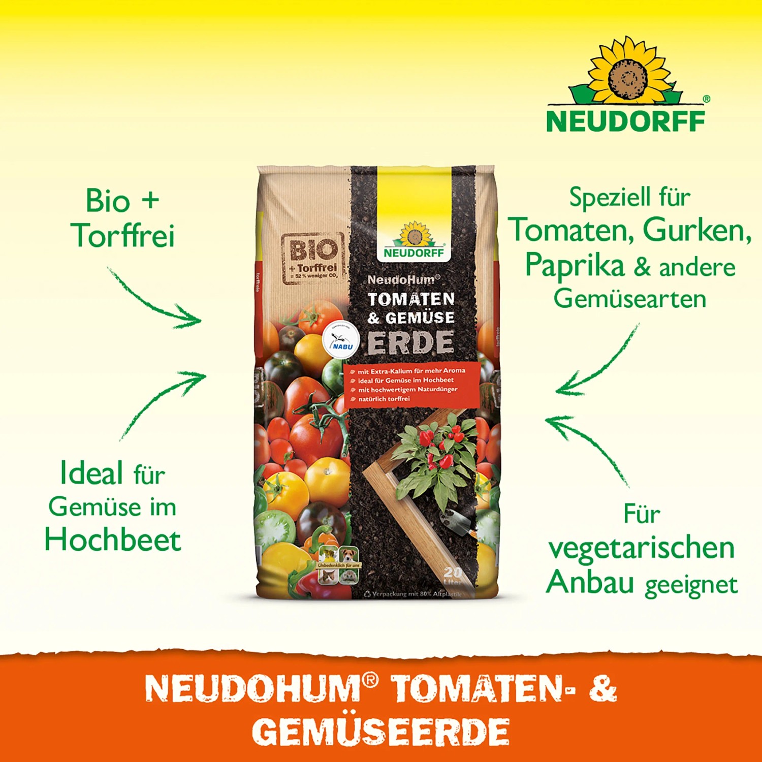Sack Neudorff Neudohum Tomaten- und Gemüseerde 20 l, torffrei und ideal für Tomaten, Gurken und Paprika.