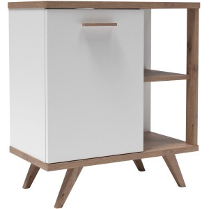 Pelipal Waschbeckenunterschrank Quickset in Weiß-Eiche mit Tür und offenen Regalen.