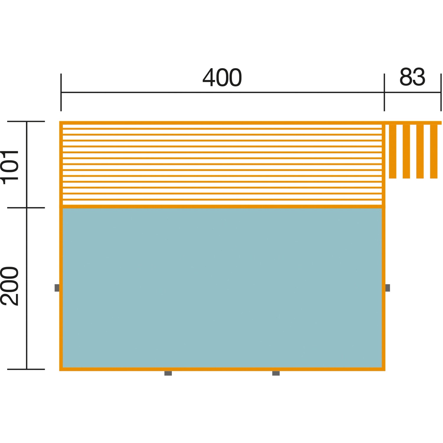 Draufsicht Weka Holzpool 595 mit Maßen für Technikraum/Sonnendeck (490x309x203cm).