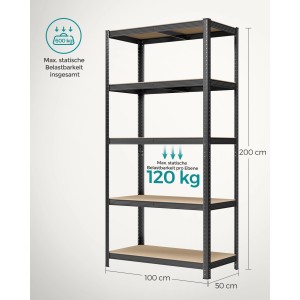 Schwarzes Songmics Lagerregal, 50x100x200 cm, mit 5 Ebenen. Ideal für Garage und Keller.