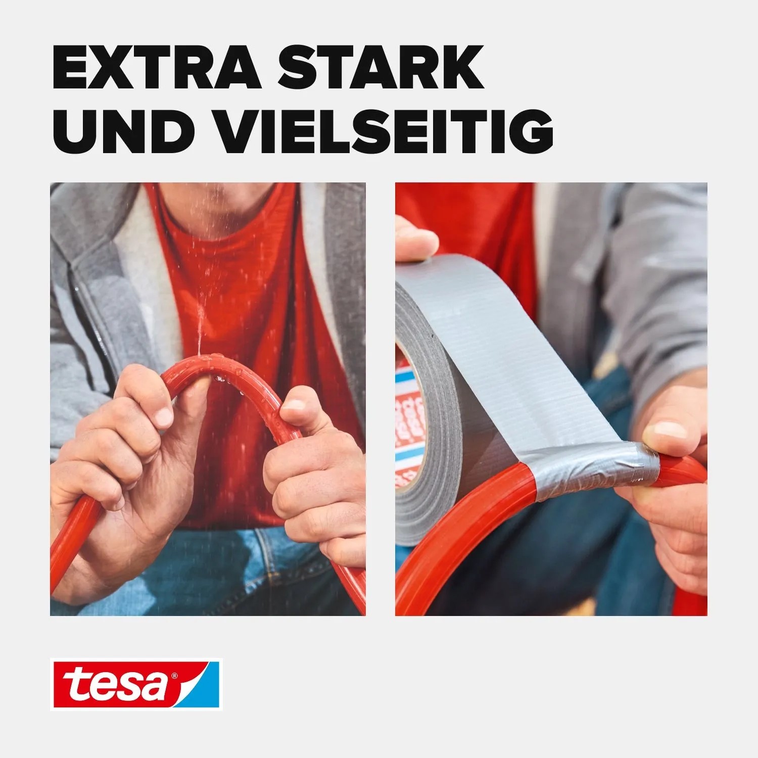 Tesa Extra Power Universal Klebeband silber repariert tropfenden Schlauch. Starkes Gewebeband für schnelle Reparaturen.