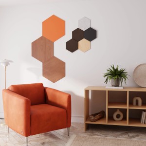 Designpaneel Hexagon Eiche Clear, 3er Set. Akustikpaneele in Eiche und Schwarz für Wandgestaltung.