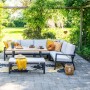 Elati 5-tlg. Premium Lounge Dining Ecklounge Gartenmöbelset mit Aluminium, Teak-Look, grauen Kissen.