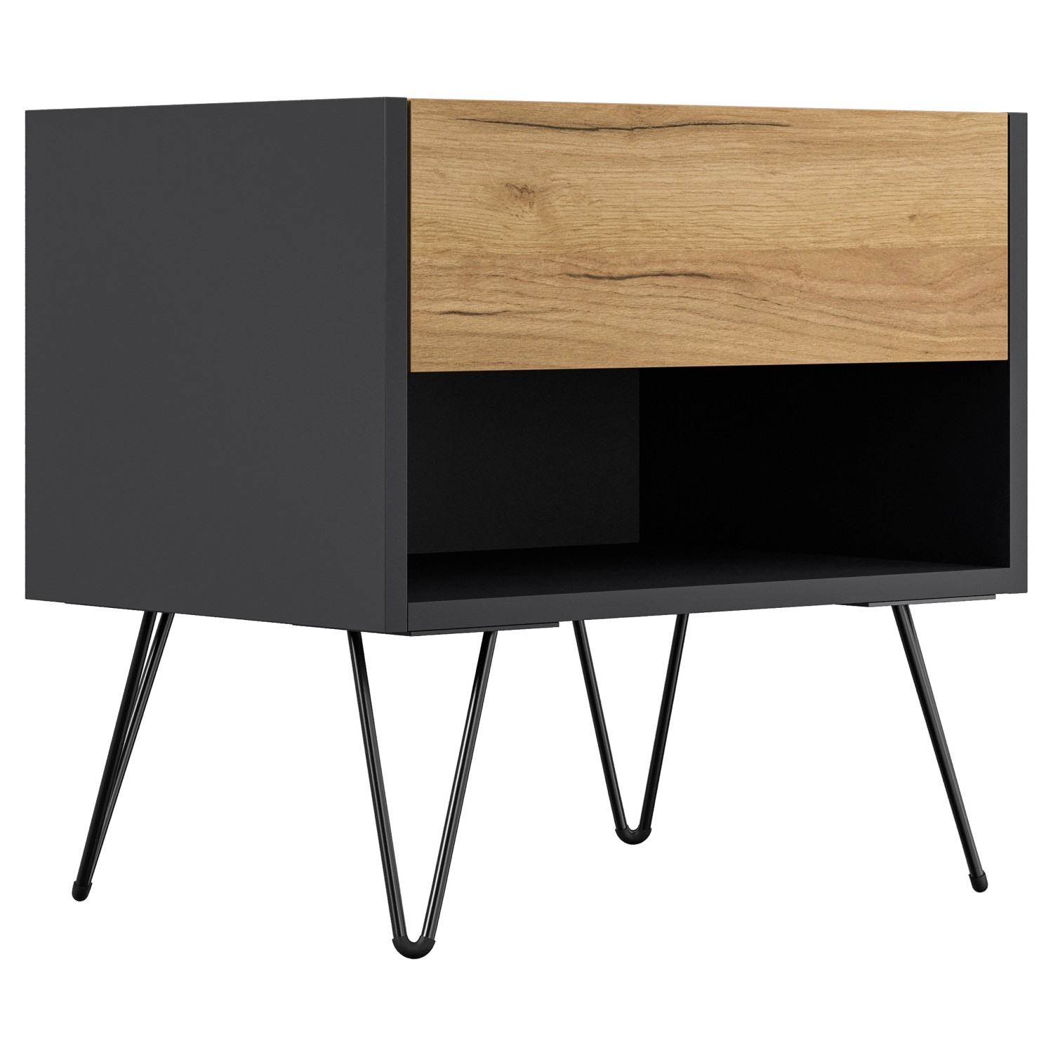 Posseik Nachttisch-Set Industrial B, 2-teilig, Grafit/Eiche, mit Metallfüßen.