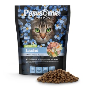 Pawsome Katzen-Trockenfutter Lachs, 750g Packung mit Futterpellets.