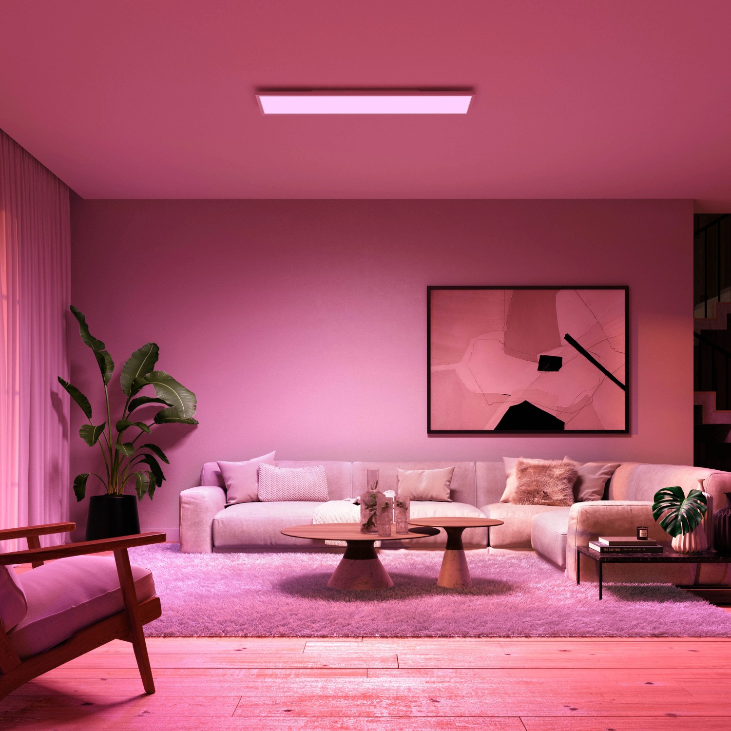 Philips Hue Surimu Deckenleuchte, 120x30 cm, White & Color Ambiance in Wohnraum mit farbiger Beleuchtung.