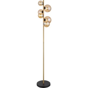Globo LED-Stehlampe Riha, 6-flammig, schwarz-matt mit amberfarbenen Glaskugeln.