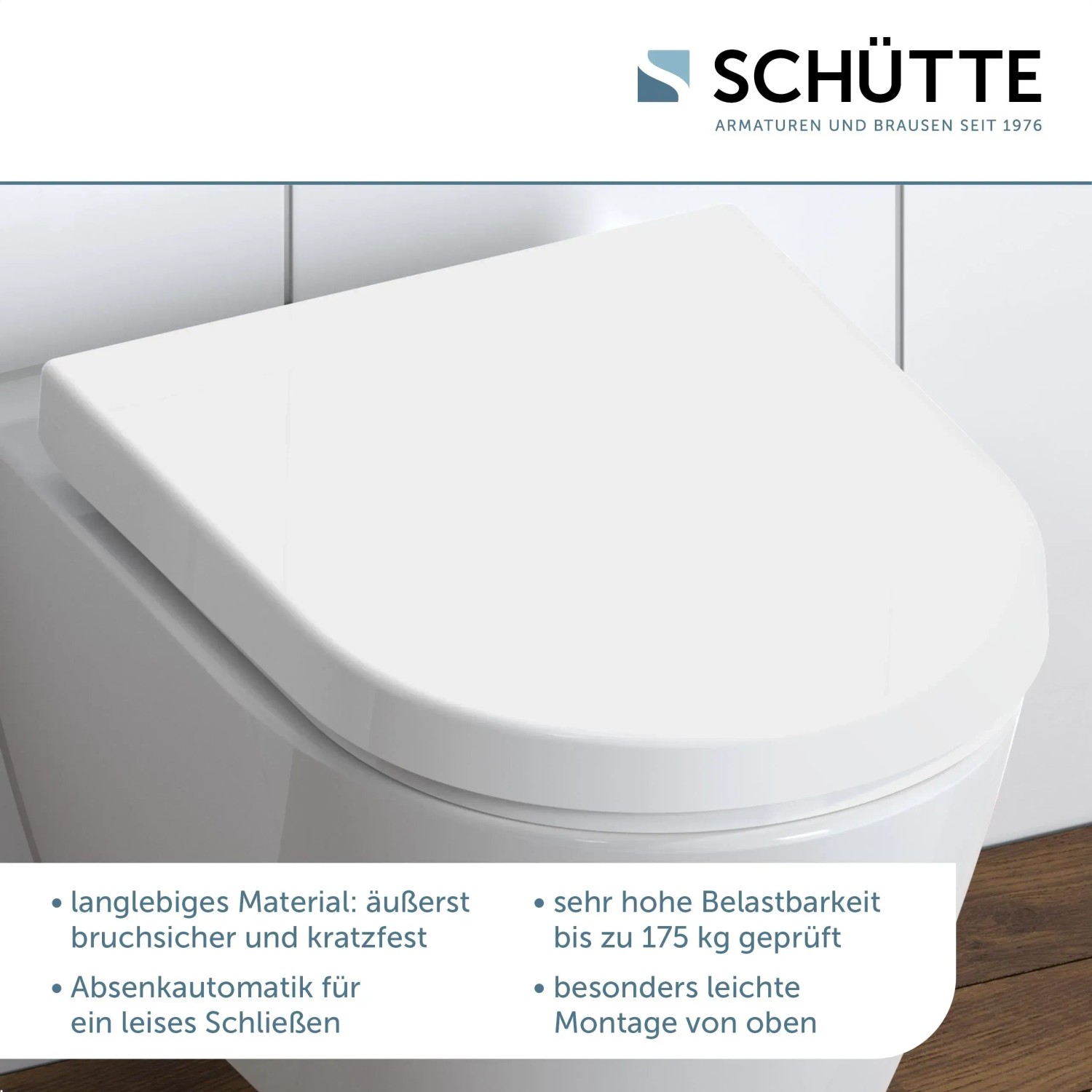 Schütte WC-Sitz D-Form aus Duroplast mit Absenkautomatik und Schnellverschluss, weiß.