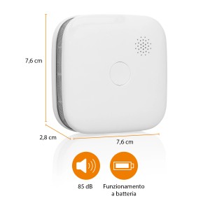 Smartwares WLAN Rauchmelder mit App-Unterstützung, weißes Gehäuse, Maße 7,6x7,6x2,8cm.