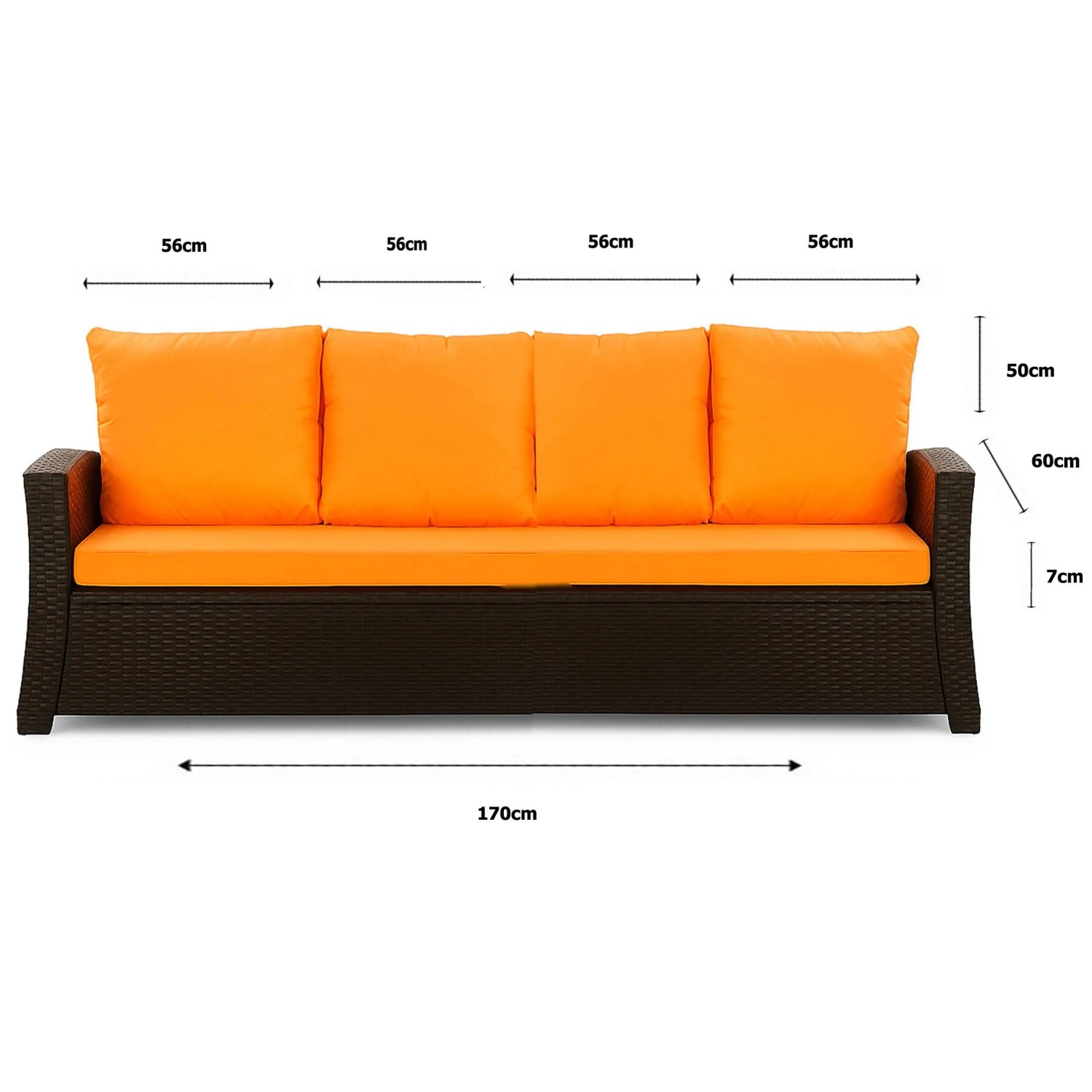 Orangefarbenes Gartenkissen-Set für 3-Sitzer Polyrattan-Gartensofa, Maße eingezeichnet.