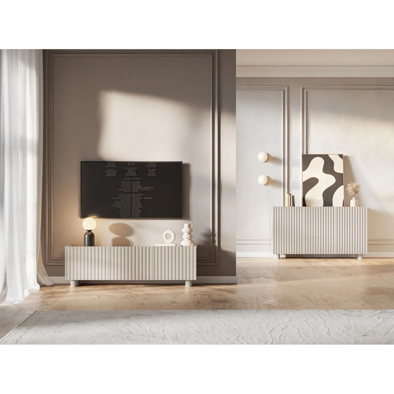 Selsey Sideboard Fiorra in Kaschmir mit geriffelten, abgerundeten Fronten. Modernes Design als Kommode oder Lowboard im Wohnzimmer.